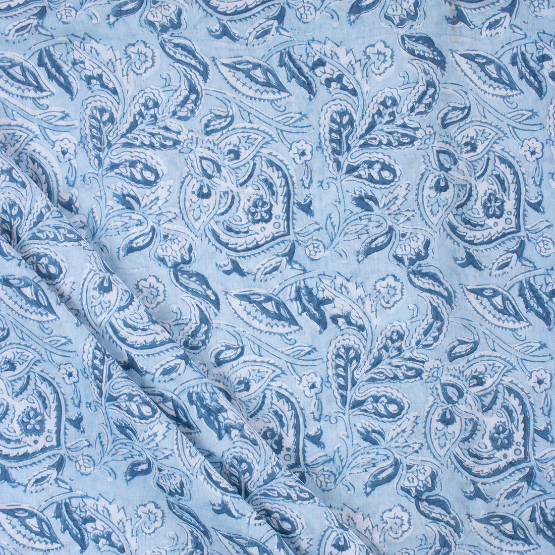 Blue Floral Block Printed Cotton Fabric