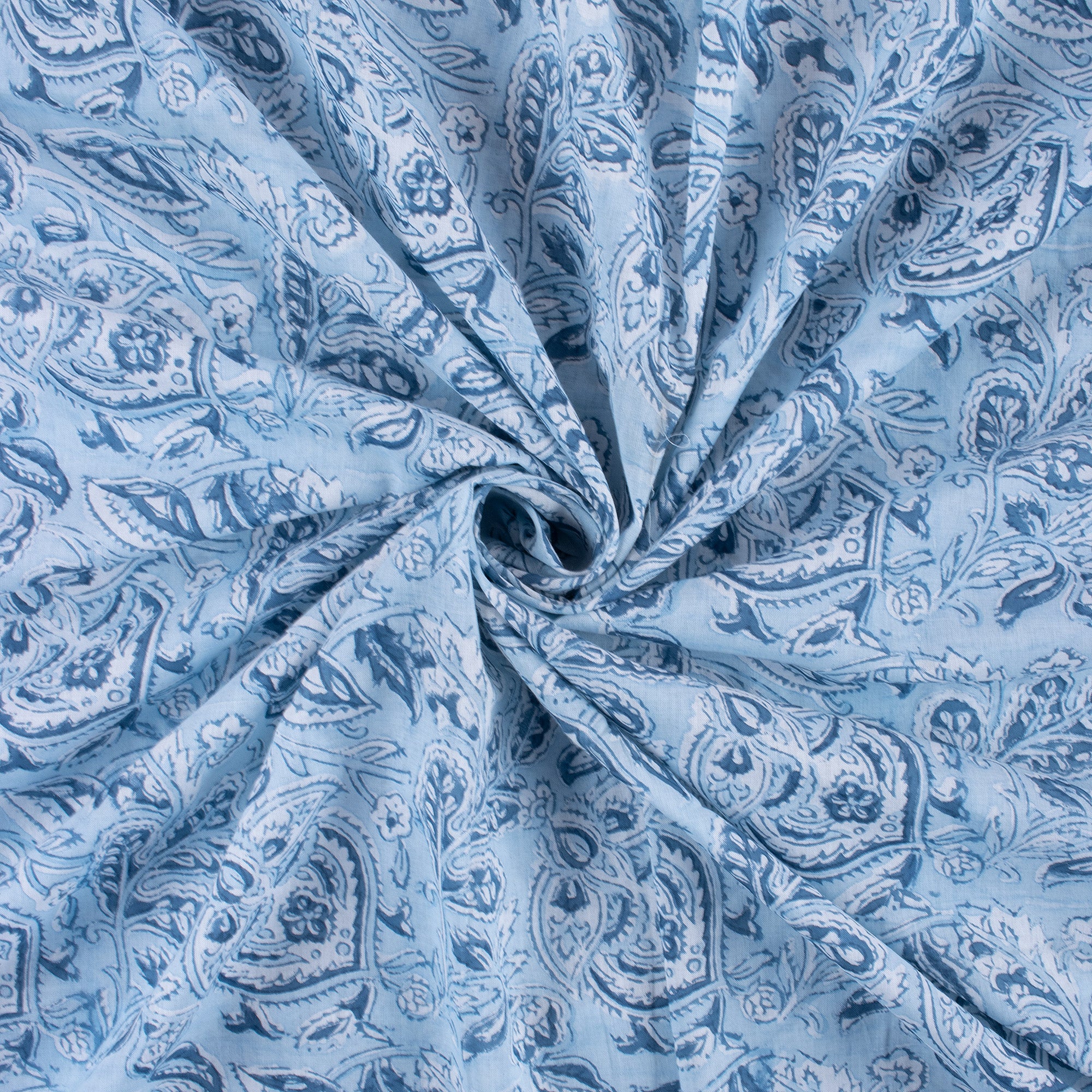 Blue Floral Block Printed Cotton Fabric