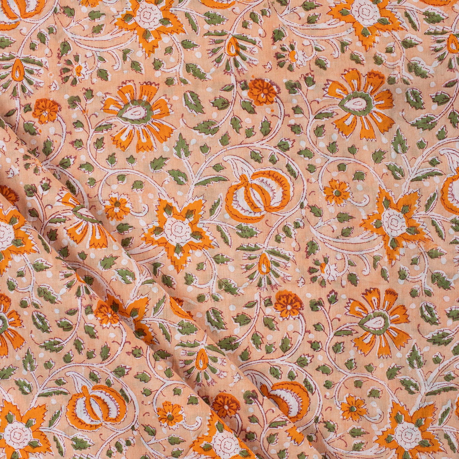 Decorative Orange Floral Hand Block Printed Fabric