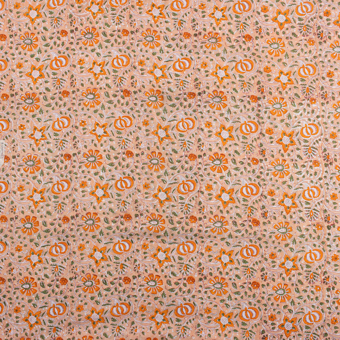 Decorative Orange Floral Hand Block Printed Fabric