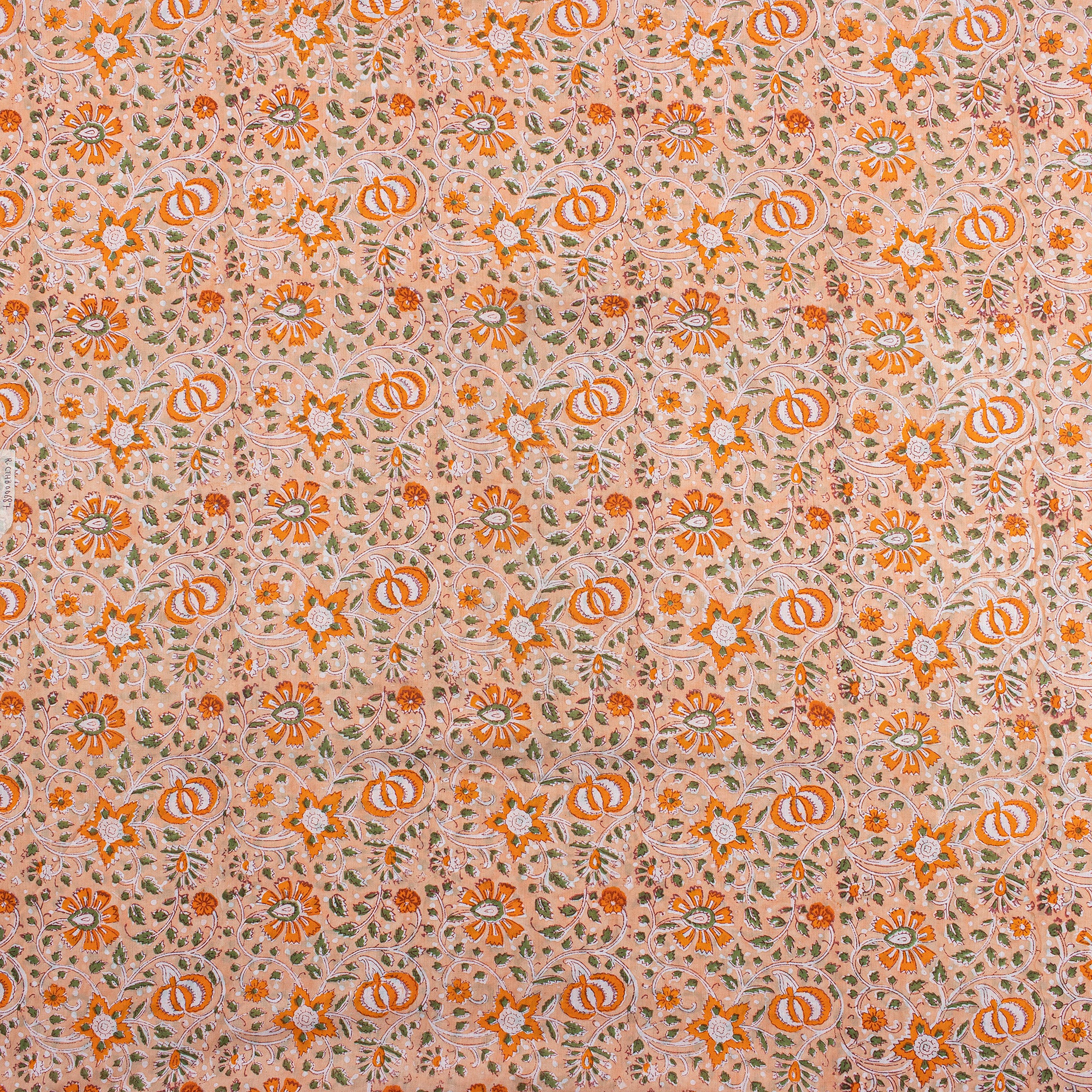 Decorative Orange Floral Hand Block Printed Fabric