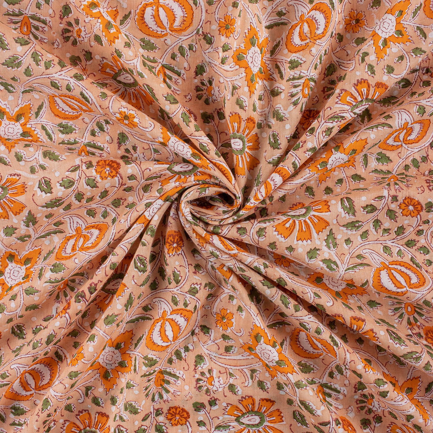 Decorative Orange Floral Hand Block Printed Fabric