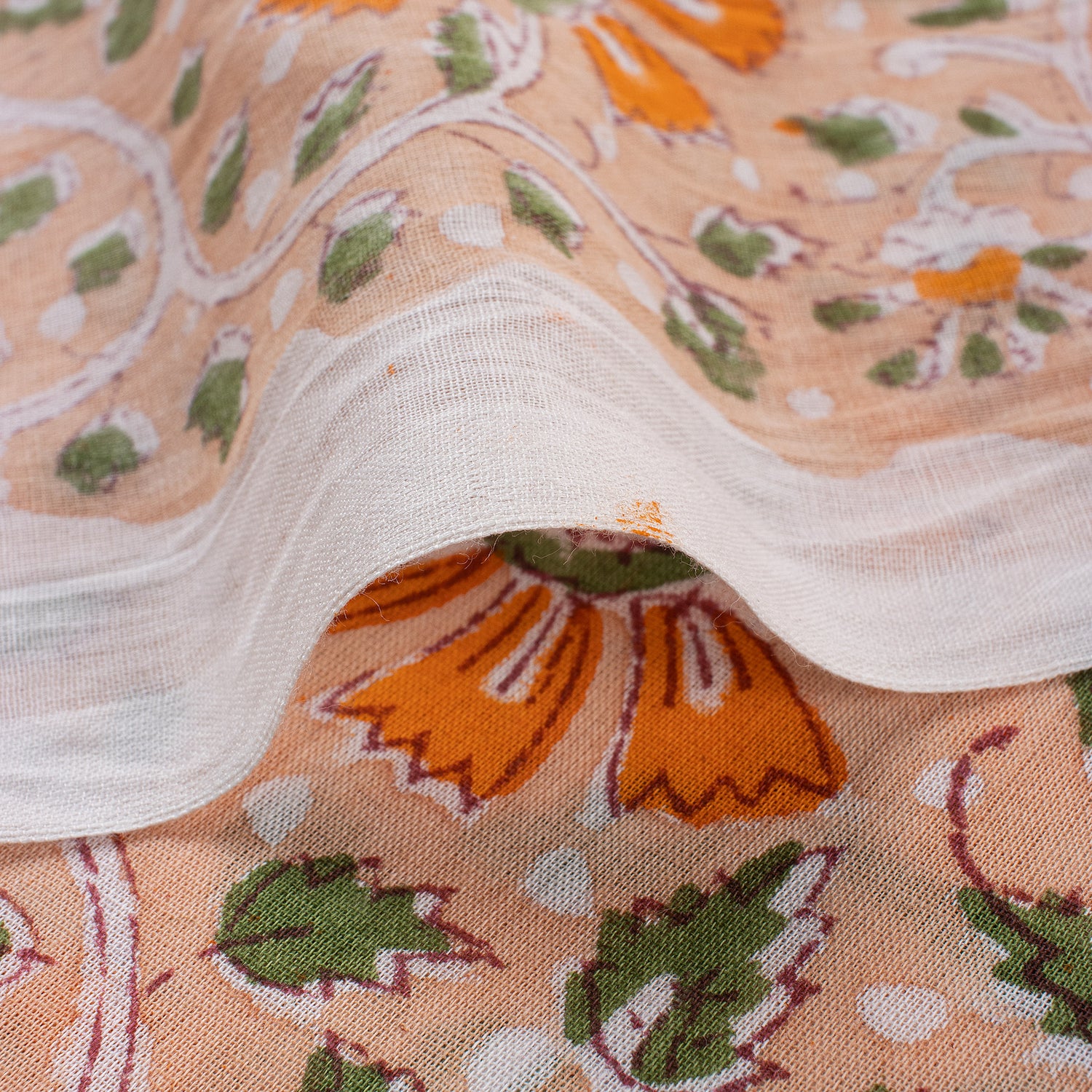 Decorative Orange Floral Hand Block Printed Fabric