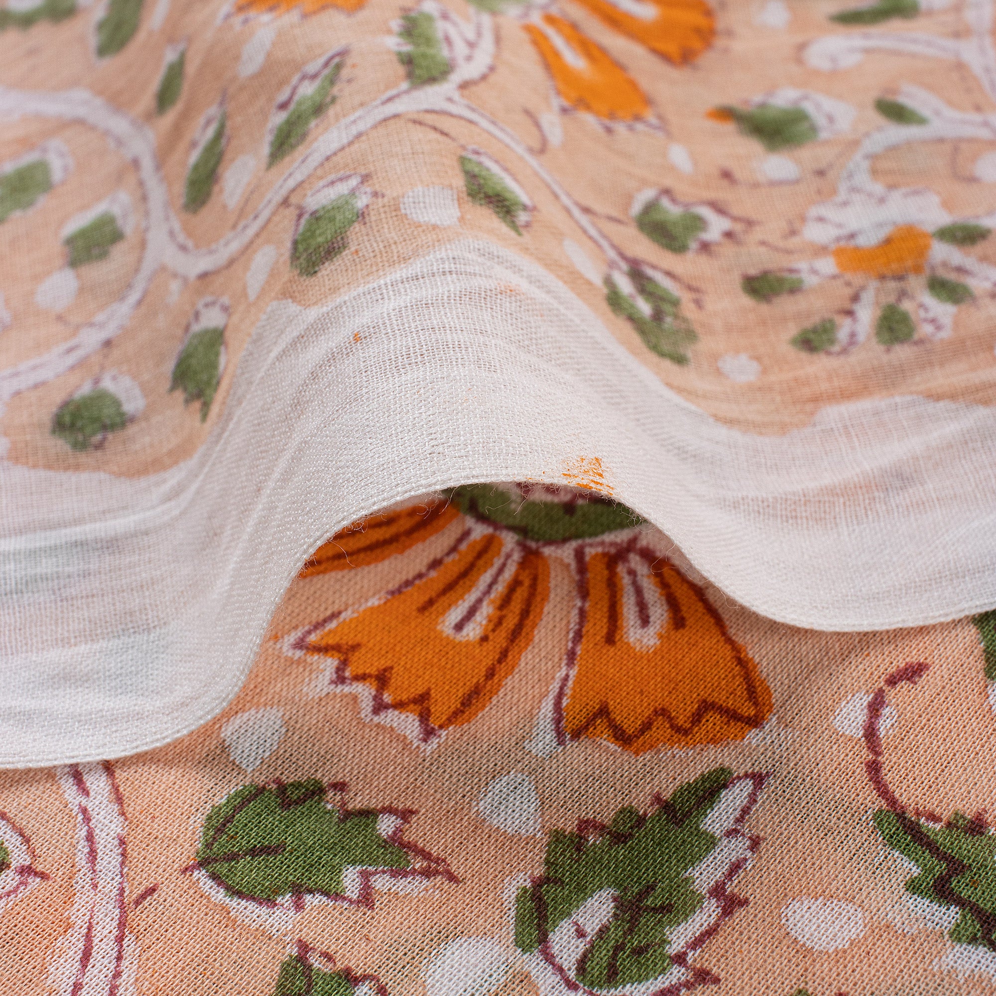 Decorative Orange Floral Hand Block Printed Fabric