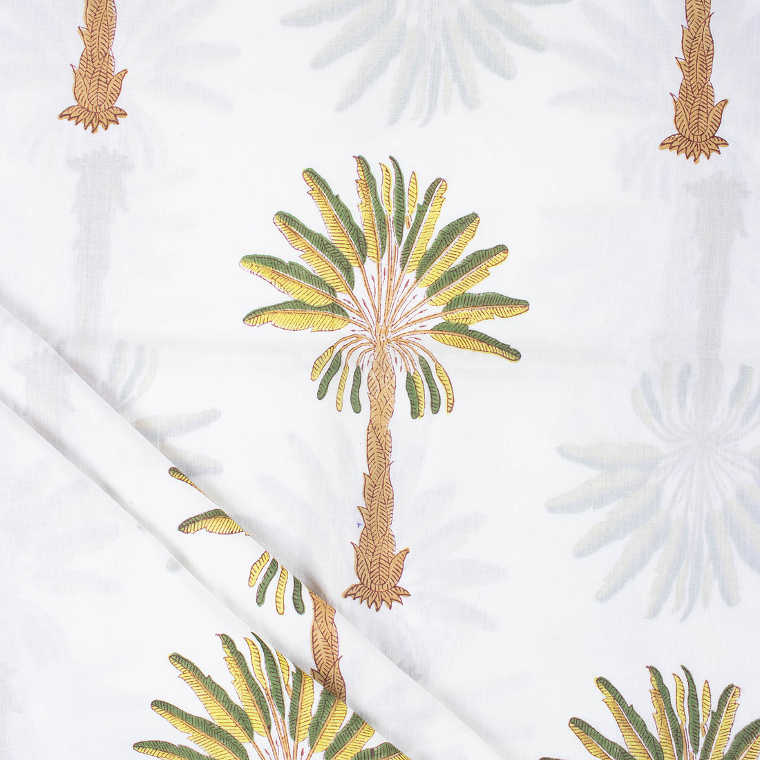 Organic Cotton Fabric Natural Green Palm Tree Print