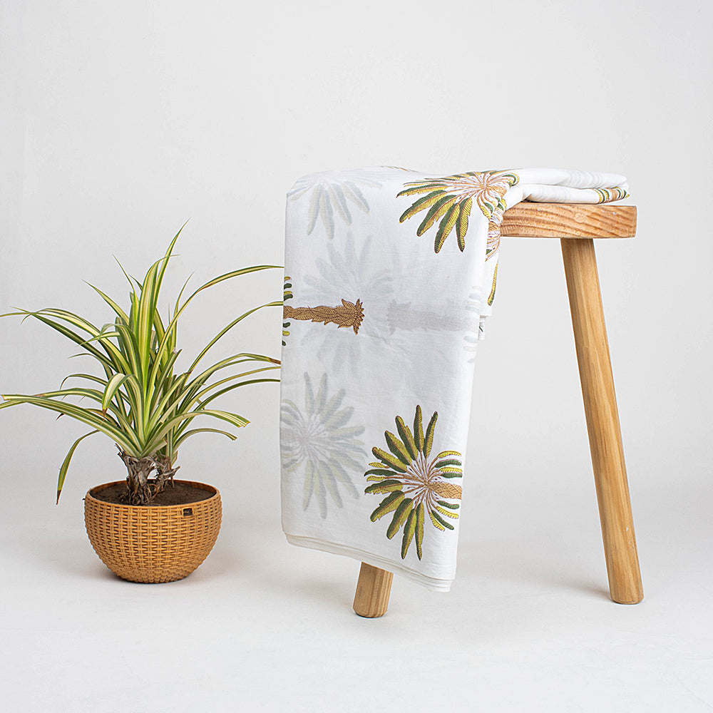 Organic Cotton Fabric Natural Green Palm Tree Print
