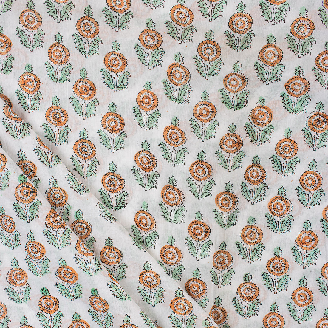 Sustainable Orange Floral Cotton Fabric - Indian Hand Block Print