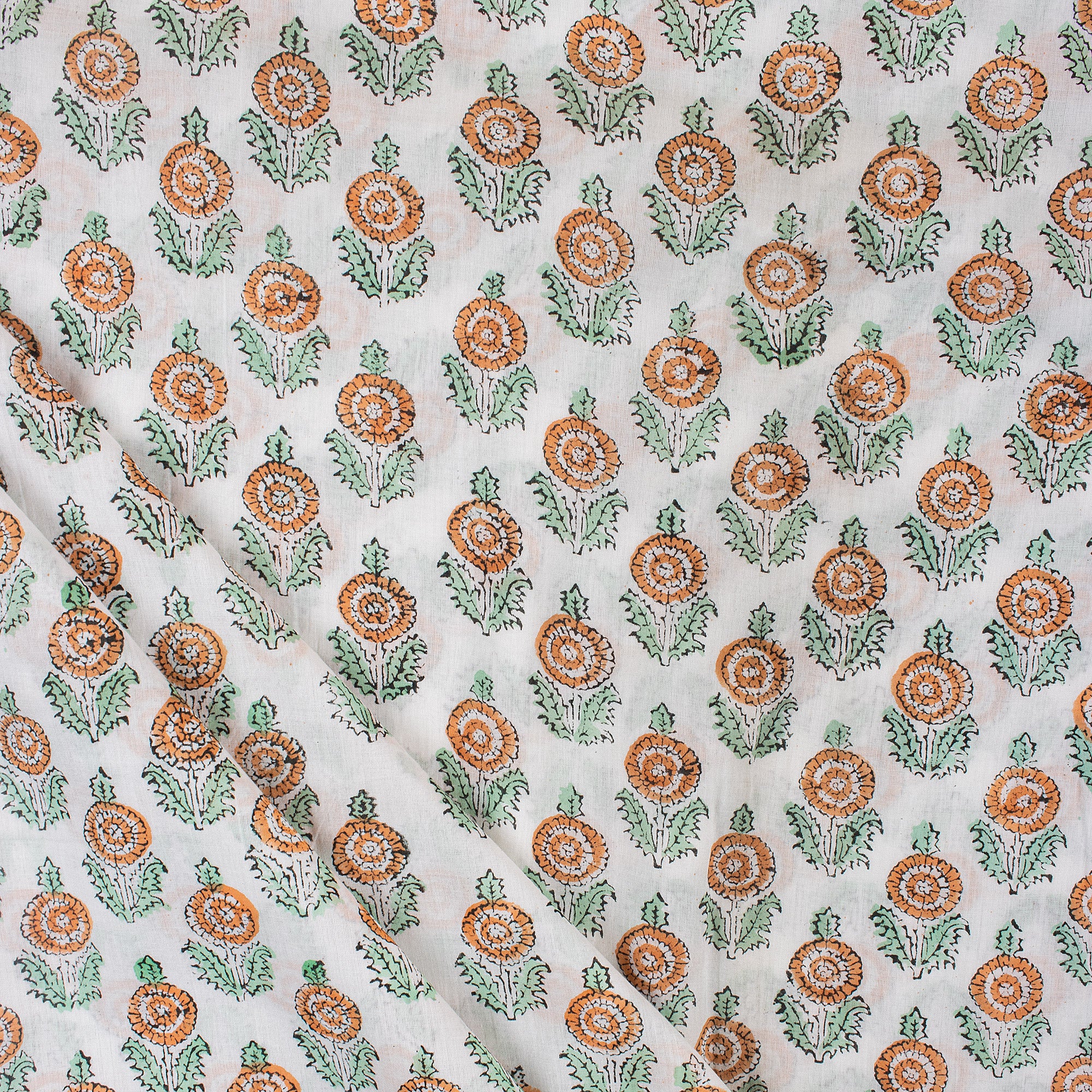 Sustainable Orange Floral Cotton Fabric - Indian Hand Block Print