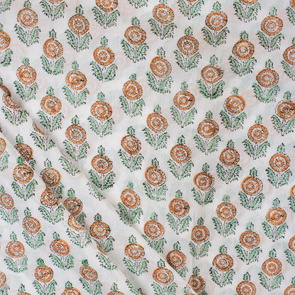 Sustainable Orange Floral Cotton Fabric - Indian Hand Block Print