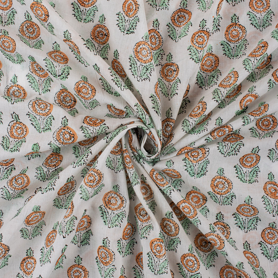 Sustainable Orange Floral Cotton Fabric - Indian Hand Block Print