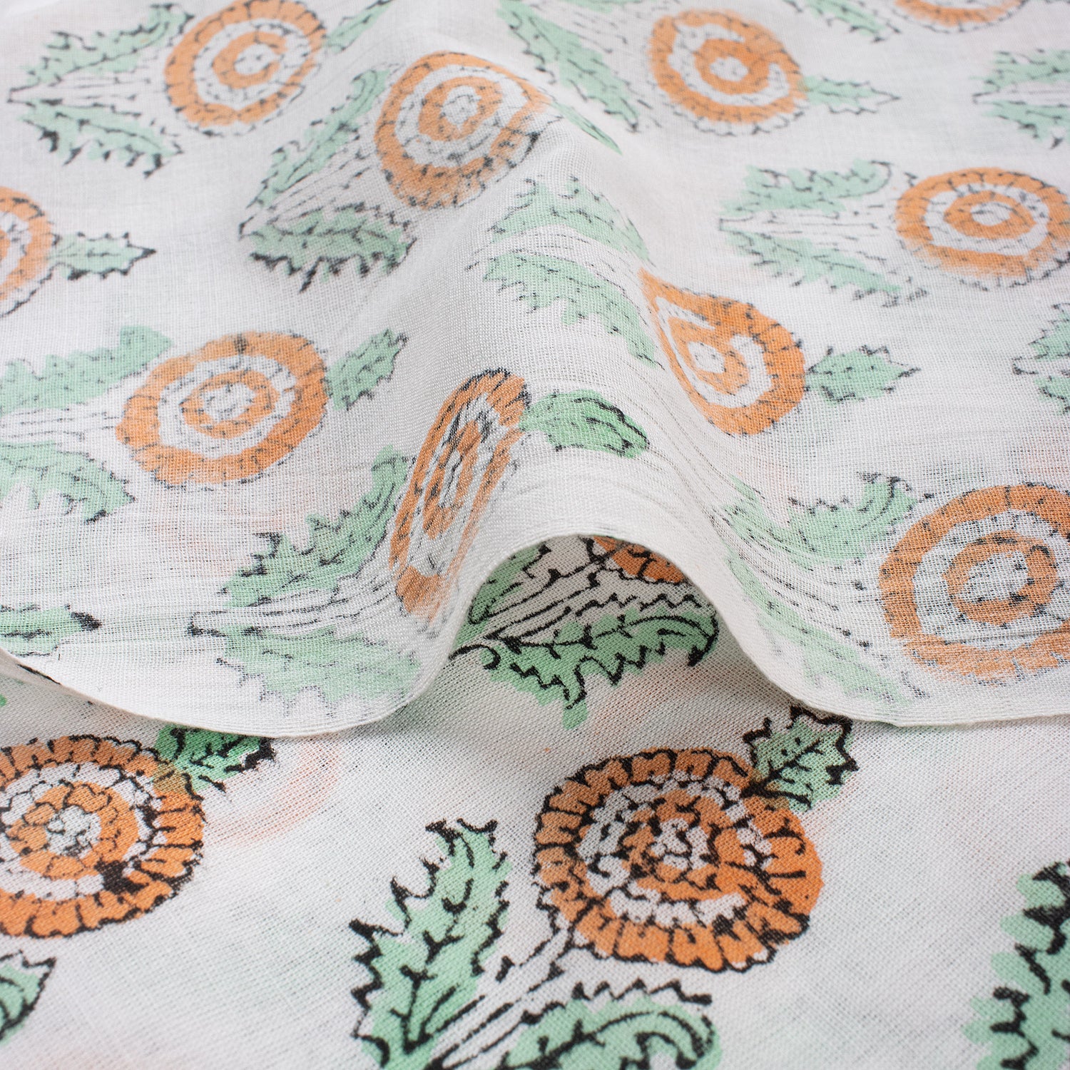 Sustainable Orange Floral Cotton Fabric - Indian Hand Block Print