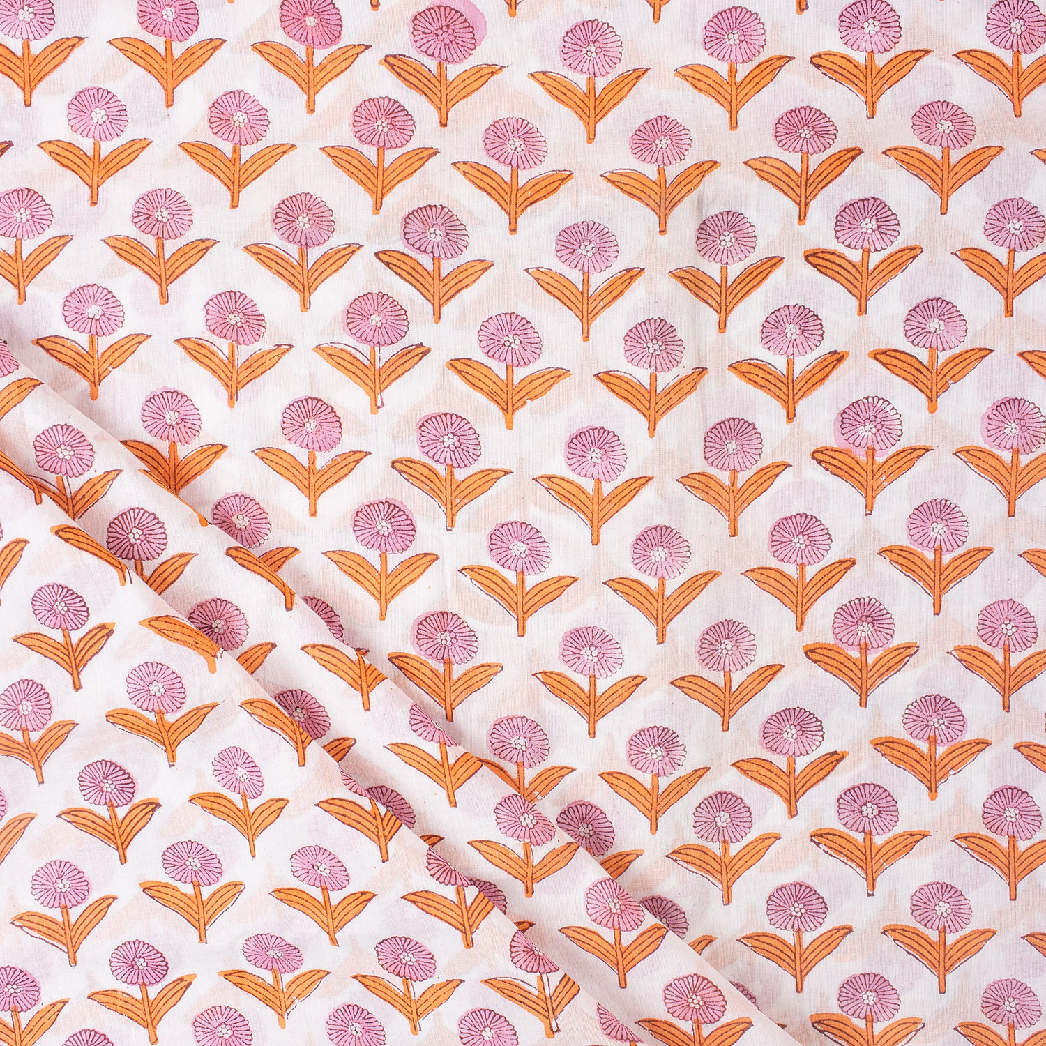 Pink Soft Floral Hand Block Printed Fabric by Yard