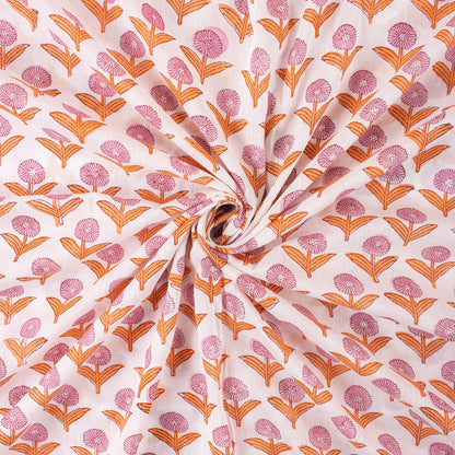 Pink Soft Floral Hand Block Printed Fabric by Yard