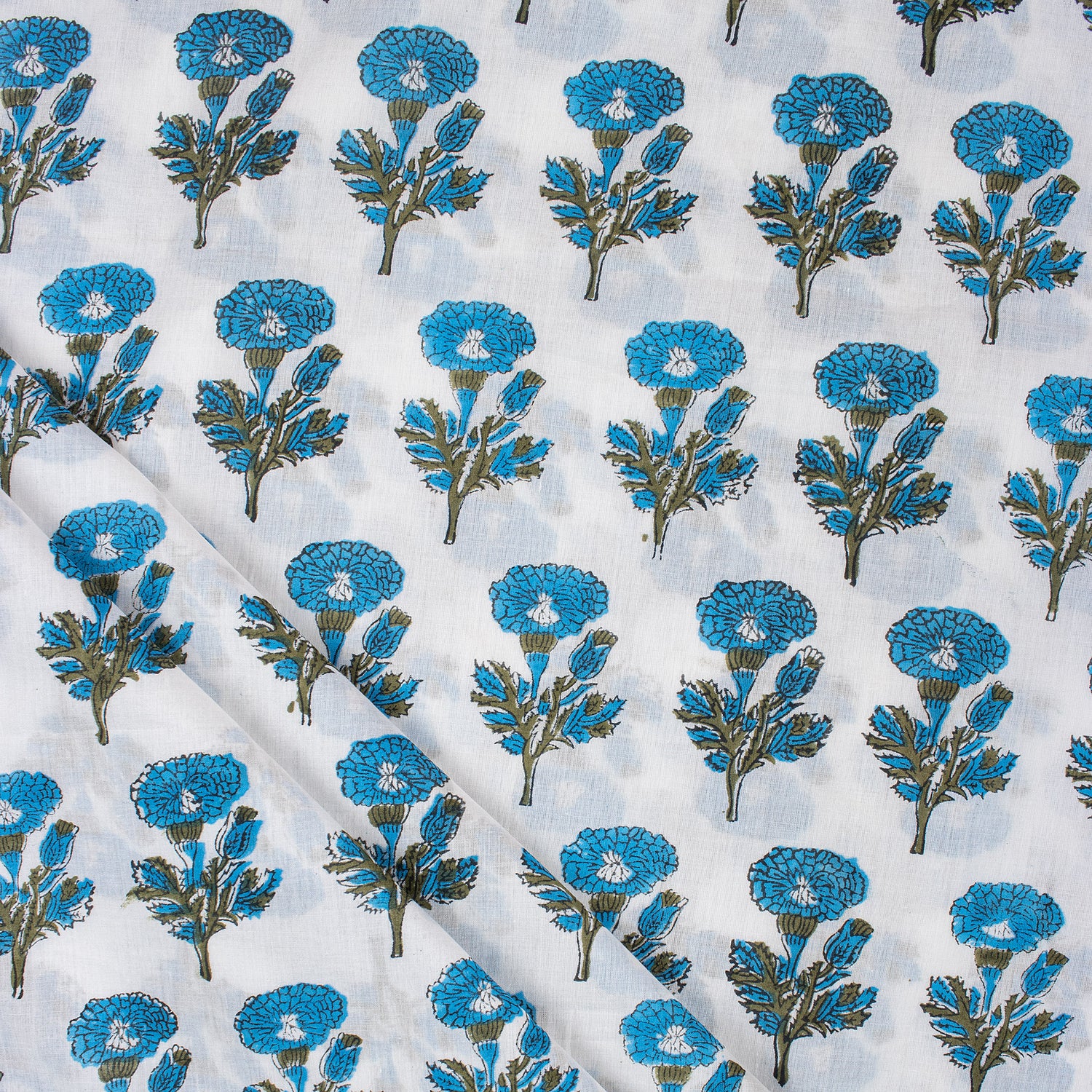Indian Blue Floral Hand Block Printed Fabric