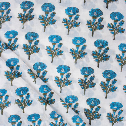Indian Blue Floral Hand Block Printed Fabric