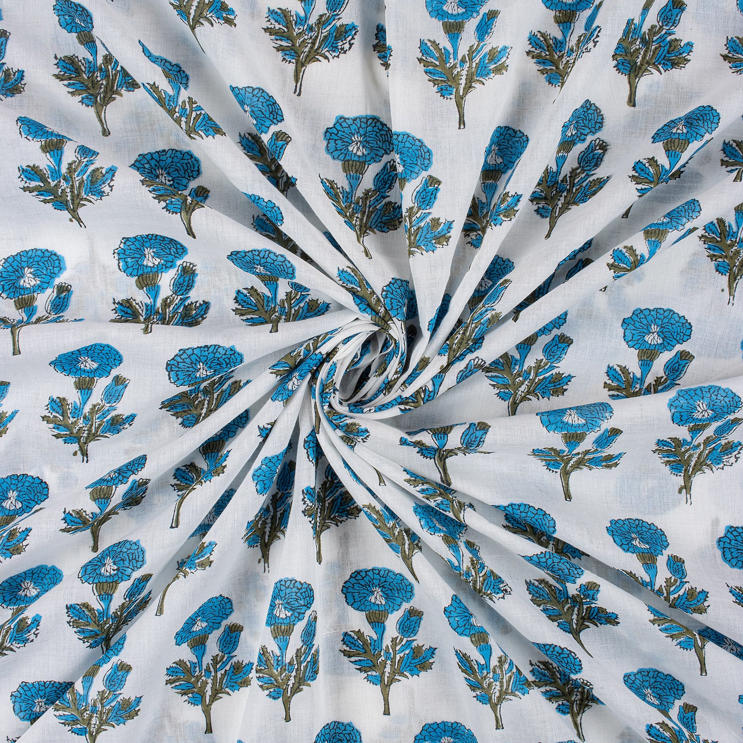 Indian Blue Floral Hand Block Printed Fabric
