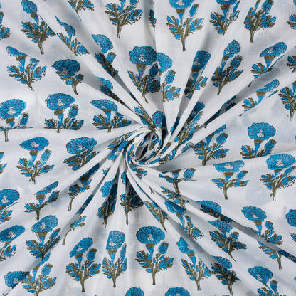 Indian Blue Floral Hand Block Printed Fabric