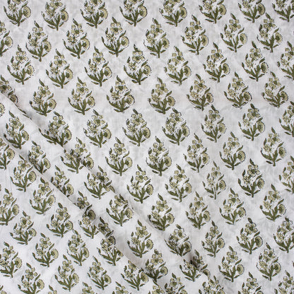 Green Floral Pure Cotton Hand Block Printed Fabric