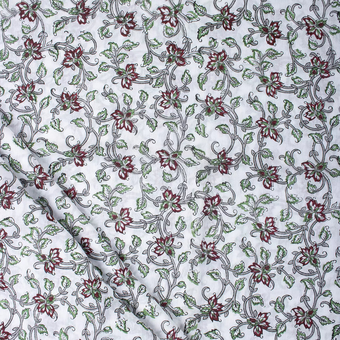 Red Floral Pure Cotton Hand Block Printed Fabric