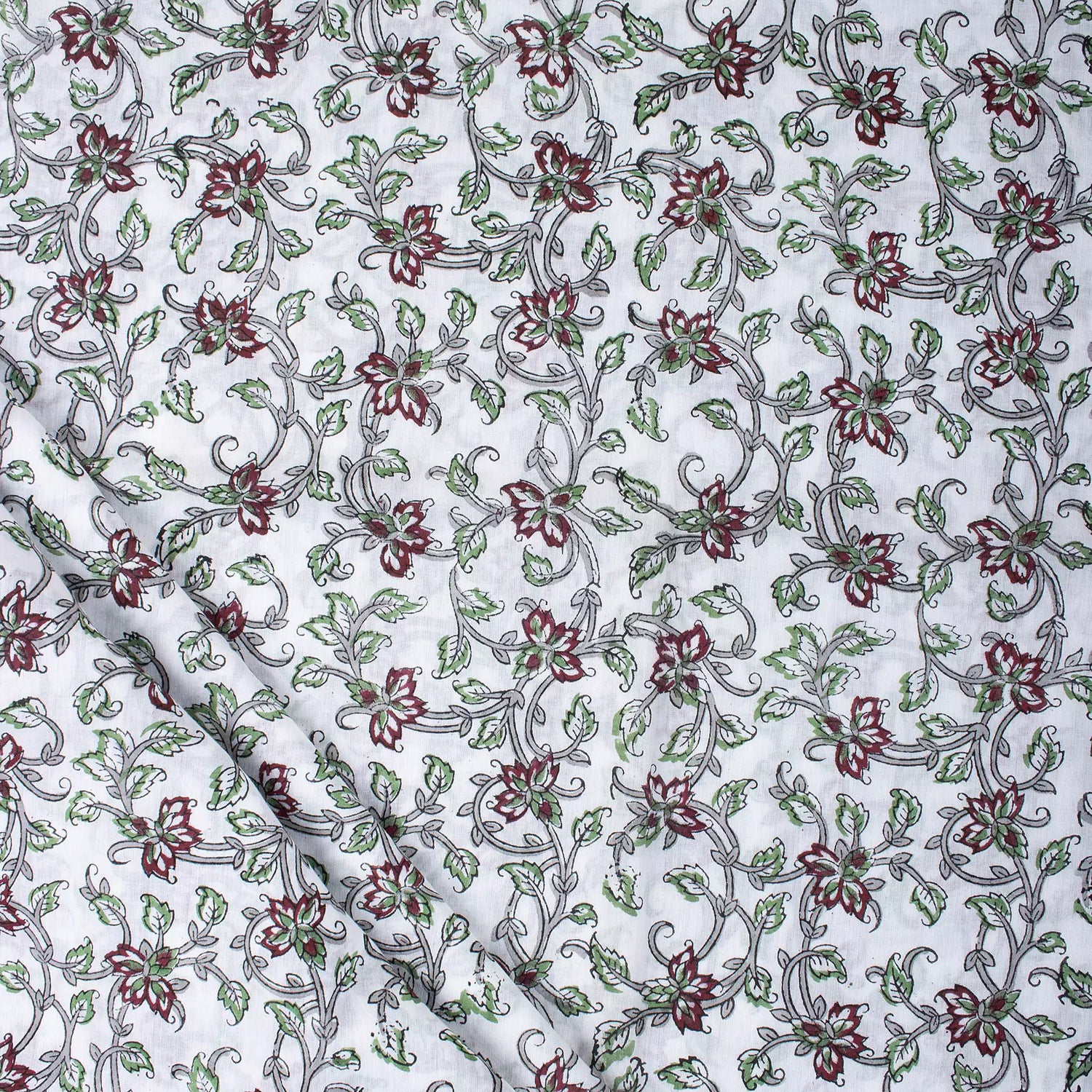 Red Floral Pure Cotton Hand Block Printed Fabric