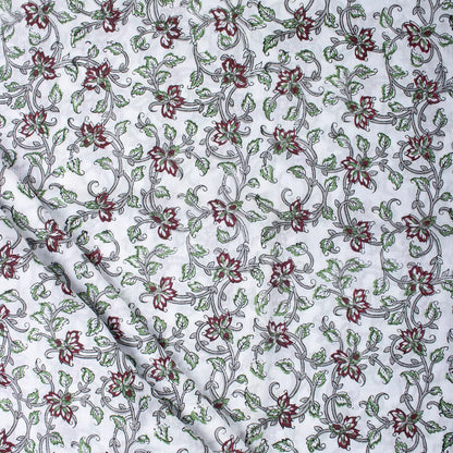 Red Floral Pure Cotton Hand Block Printed Fabric