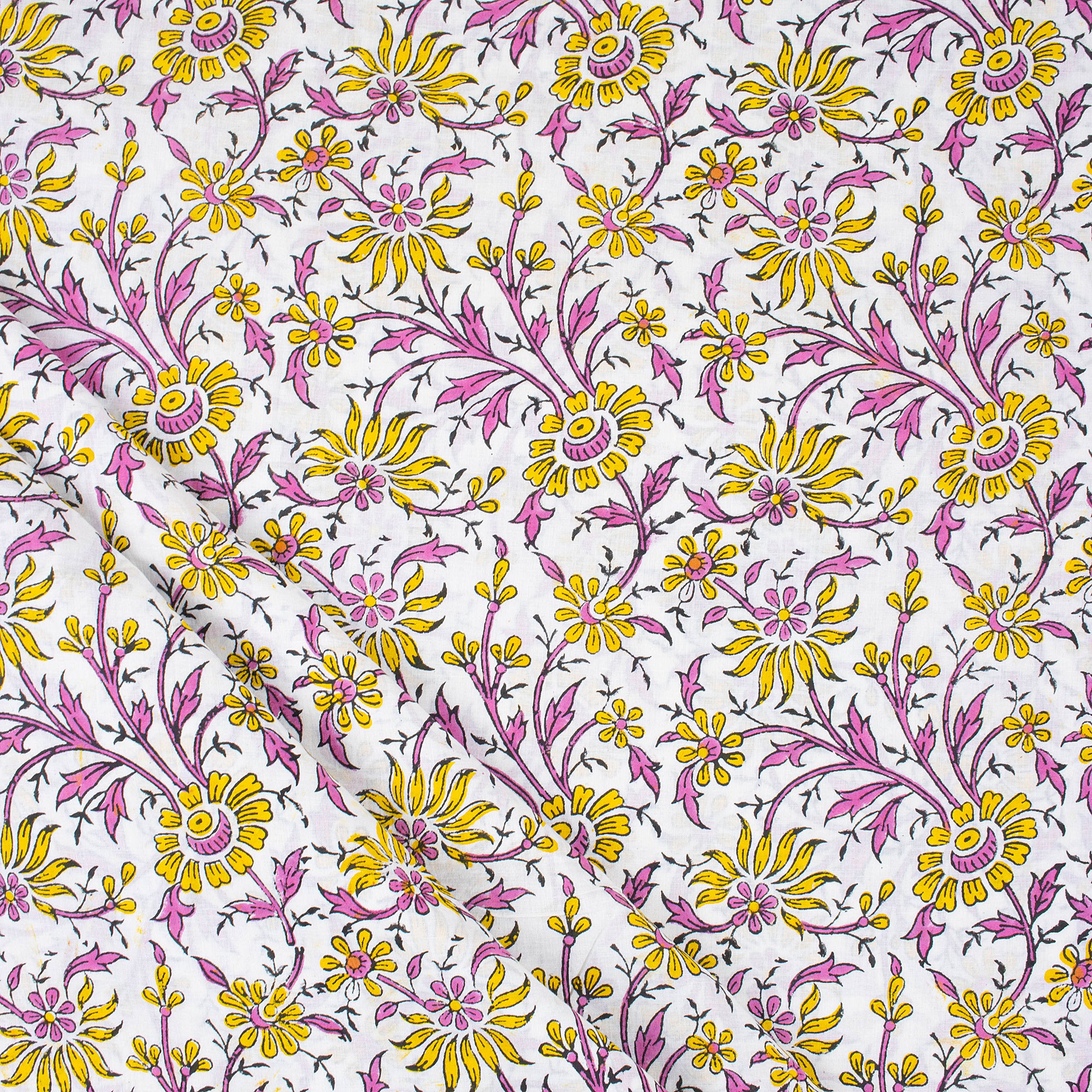 Yellow Floral Jaipuri Cotton Hand-Blocked Fabric