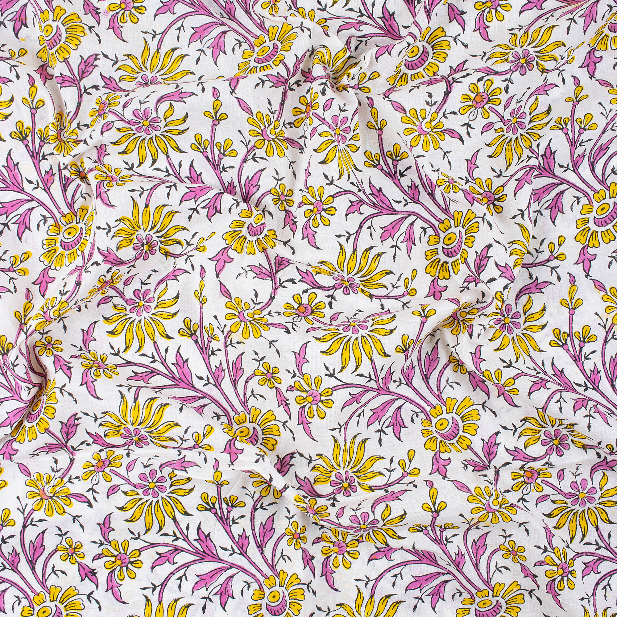 Yellow Floral Jaipuri Cotton Hand-Blocked Fabric