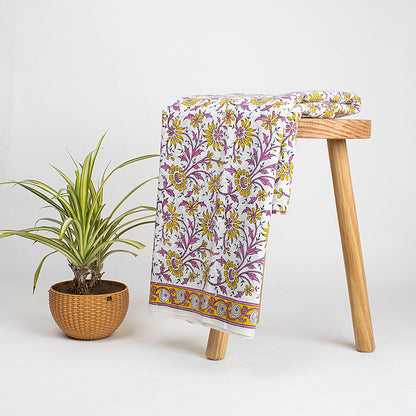 Yellow Floral Jaipuri Cotton Hand-Blocked Fabric