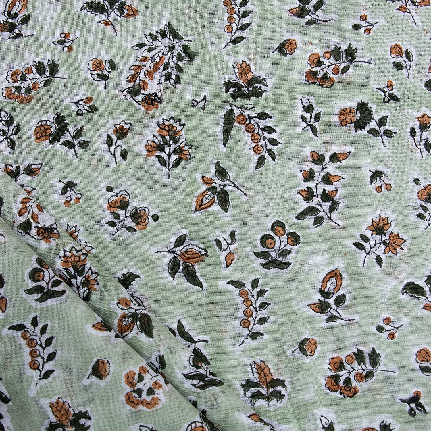 Green Floral Printed Hand Block Cotton Fabric