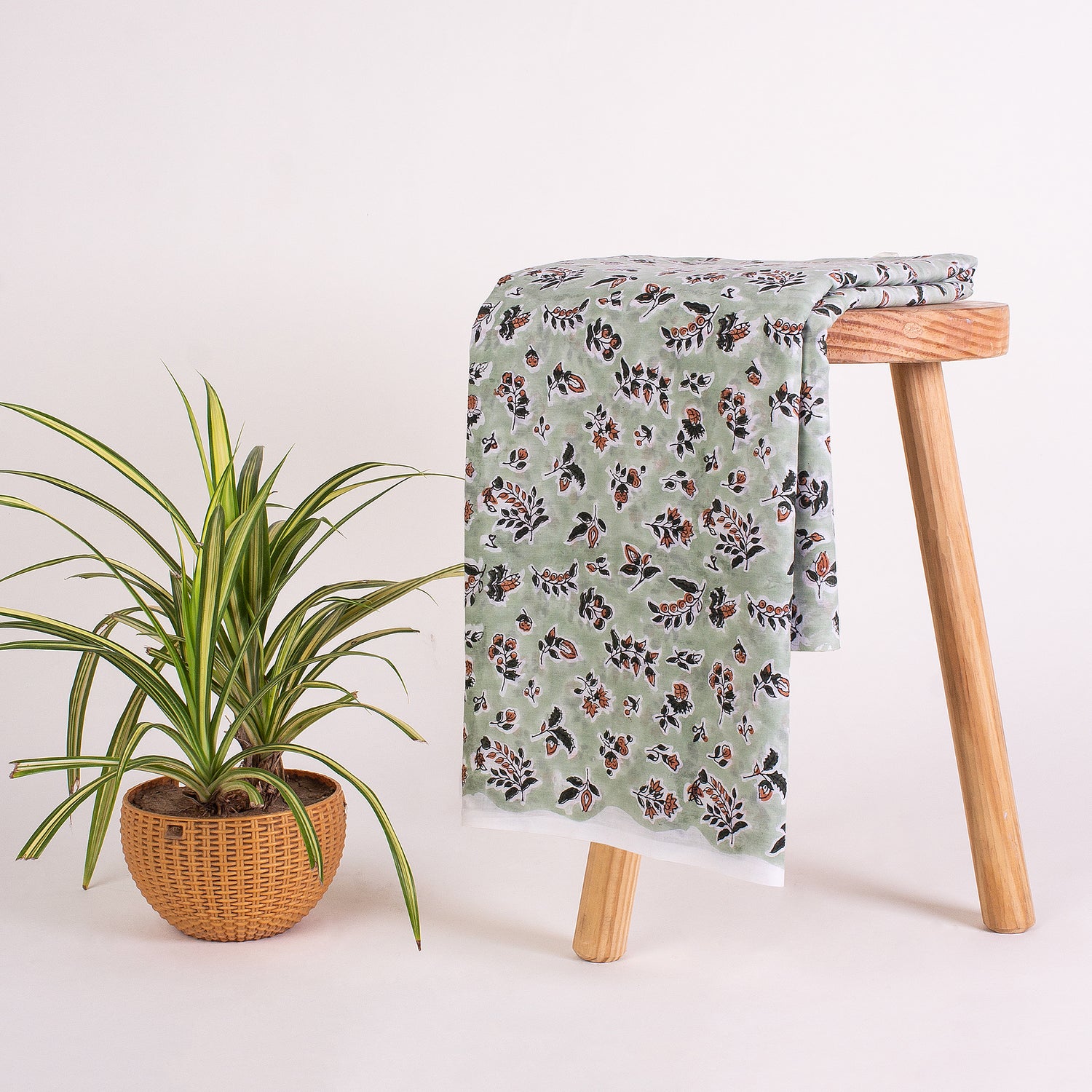 Green Floral Printed Hand Block Cotton Fabric