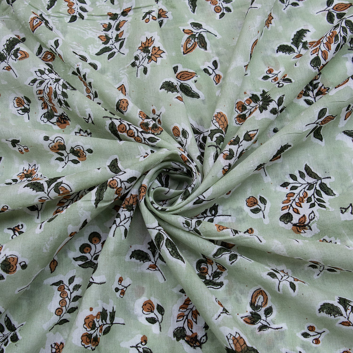 Green Floral Printed Hand Block Cotton Fabric