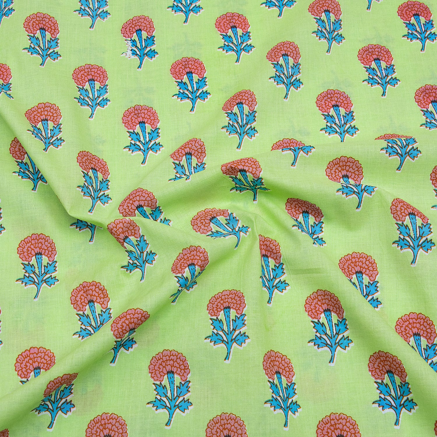 Mustard Green Floral Print Running Fabric