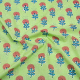 Mustard Green Floral Print Running Fabric