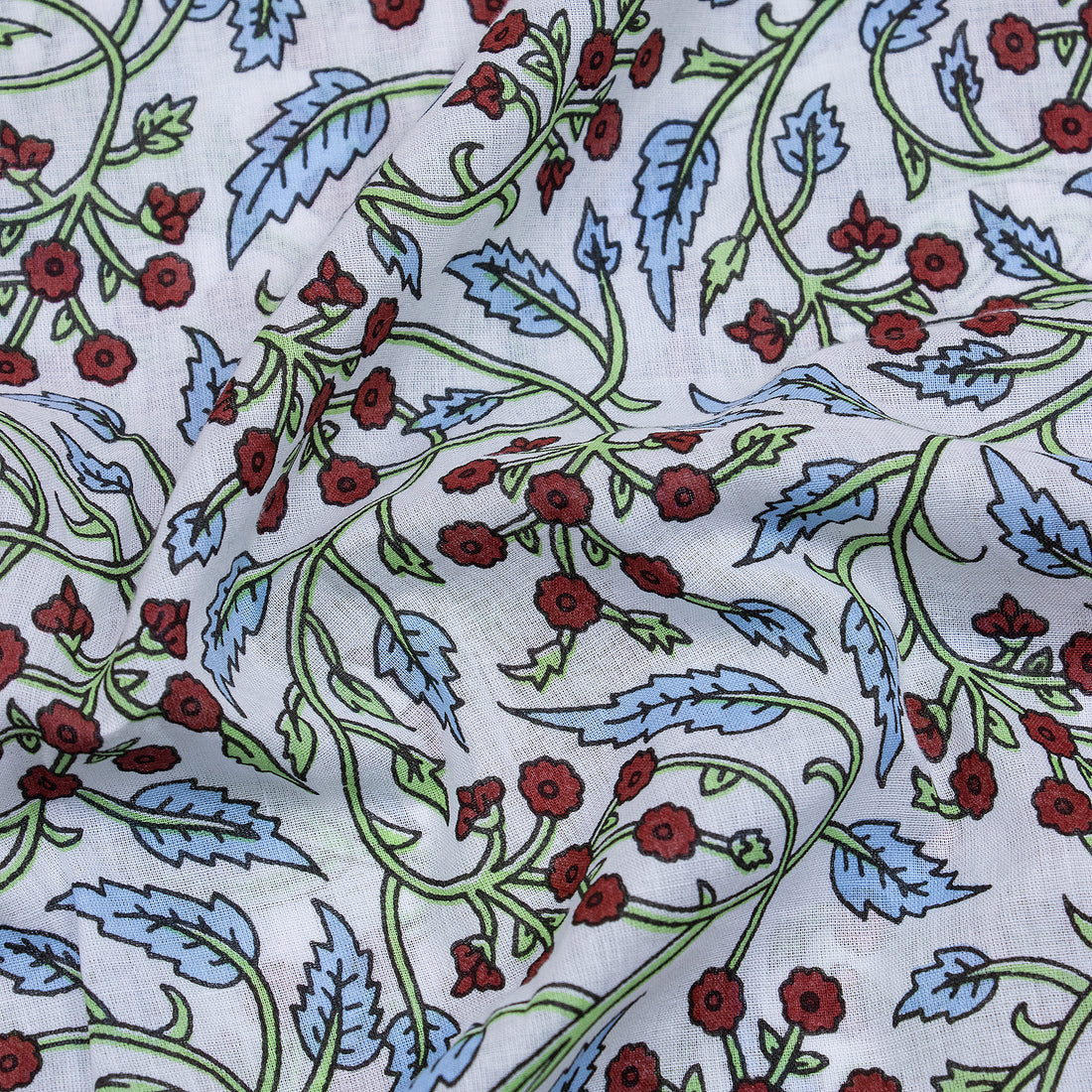 Red Floral Cotton Hand Block Print Fabric