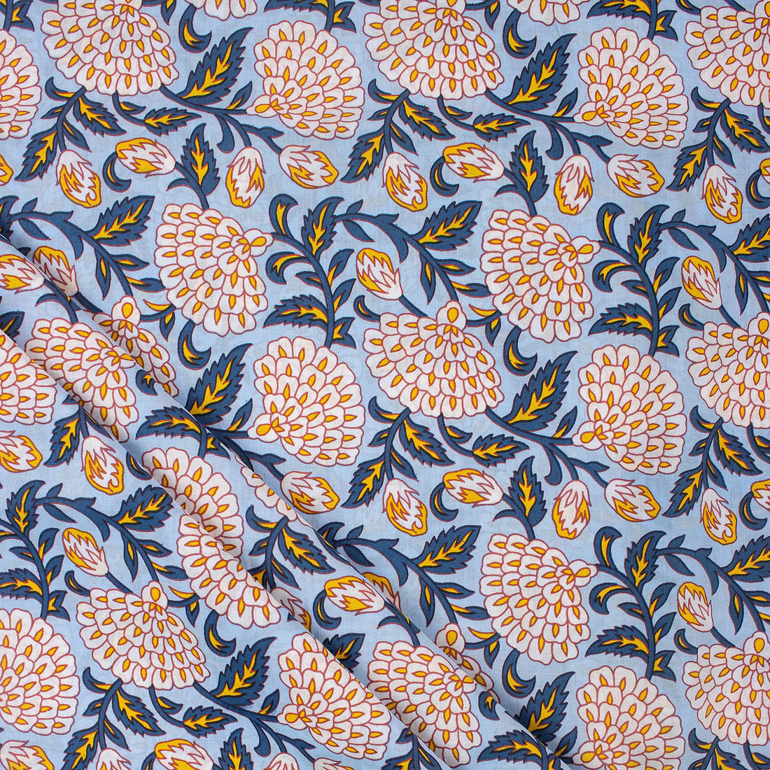 Gray Floral Hand Block Printed Fabric by Yard