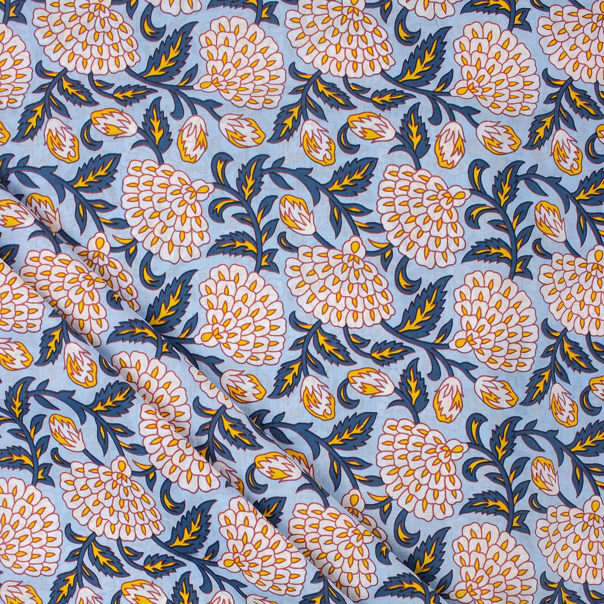 Gray Floral Hand Block Printed Fabric by Yard