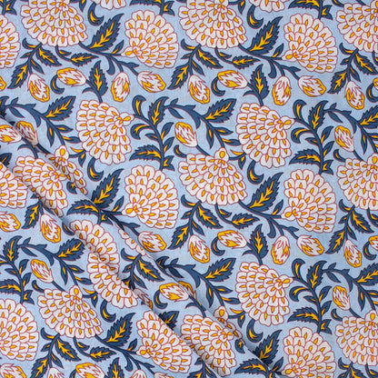 Gray Floral Hand Block Printed Fabric by Yard
