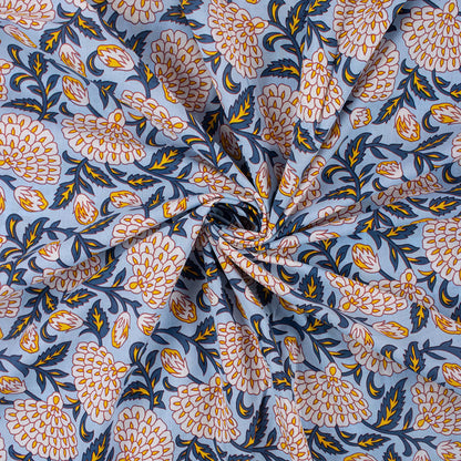 Gray Floral Hand Block Printed Fabric by Yard