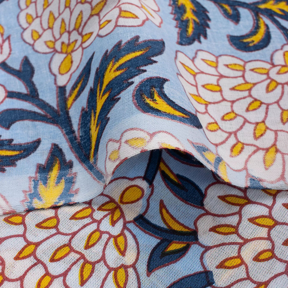 Gray Floral Hand Block Printed Fabric by Yard