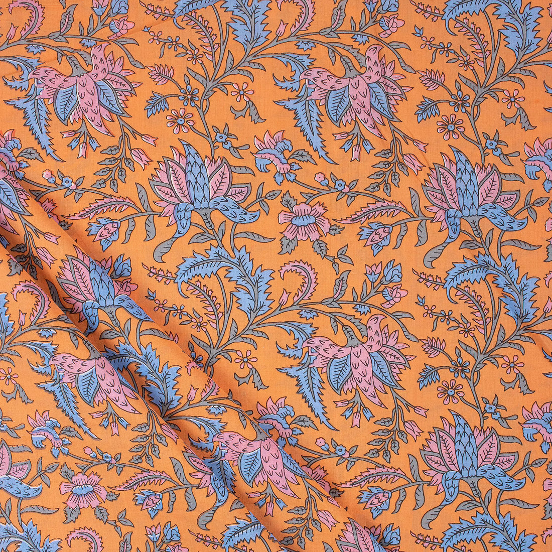 Orange Pure Cotton Hand Block Printed Fabric Material