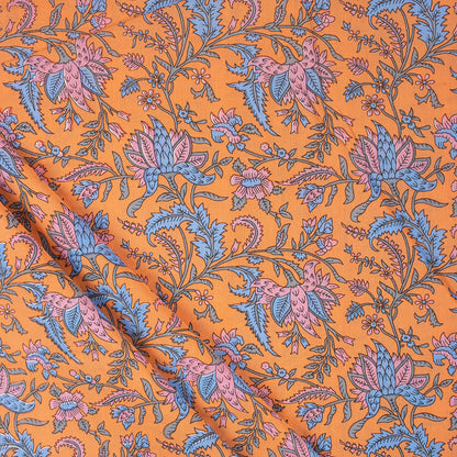 Orange Pure Cotton Hand Block Printed Fabric Material