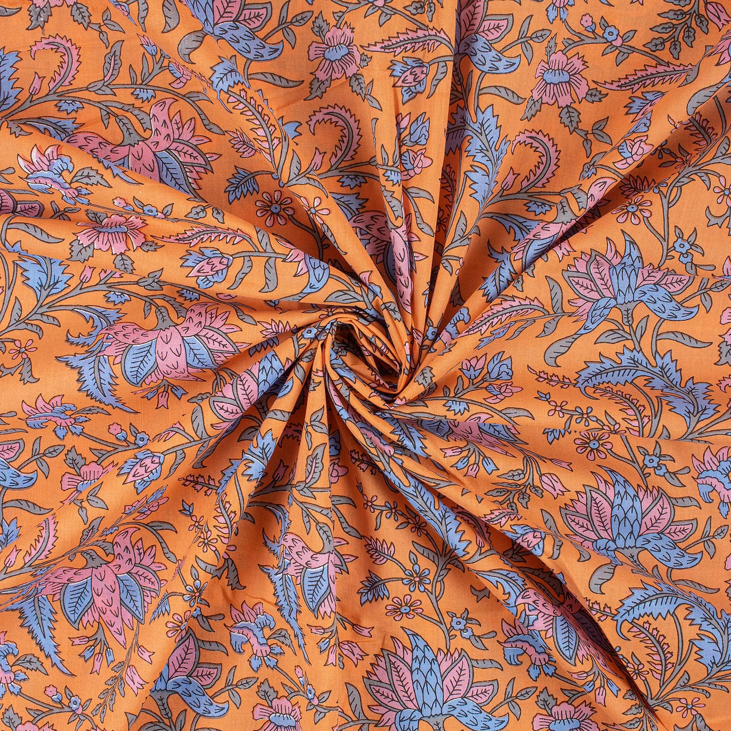 Orange Pure Cotton Hand Block Printed Fabric Material