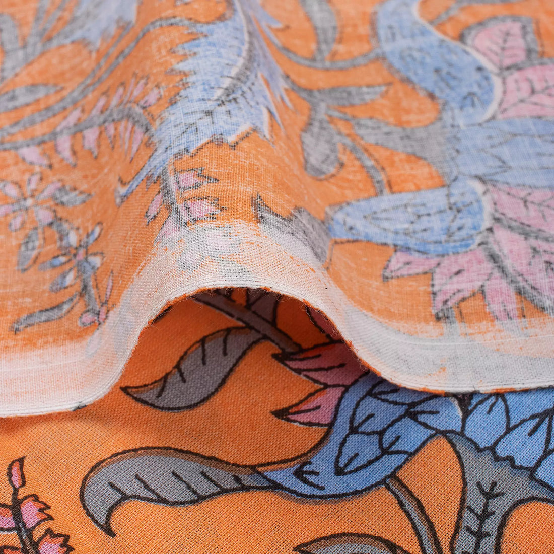 Orange Pure Cotton Hand Block Printed Fabric Material