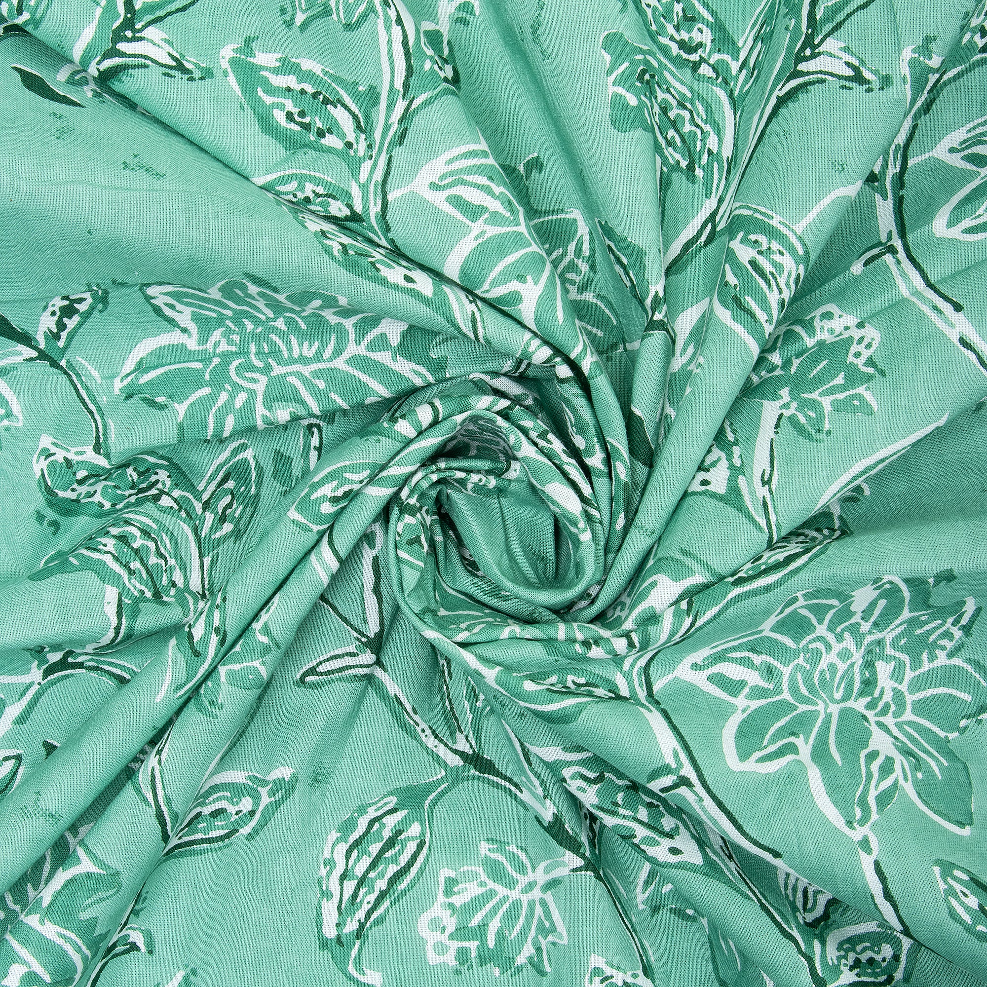 Pure Cotton Green Flower Plant Jaipuri Print Fabric