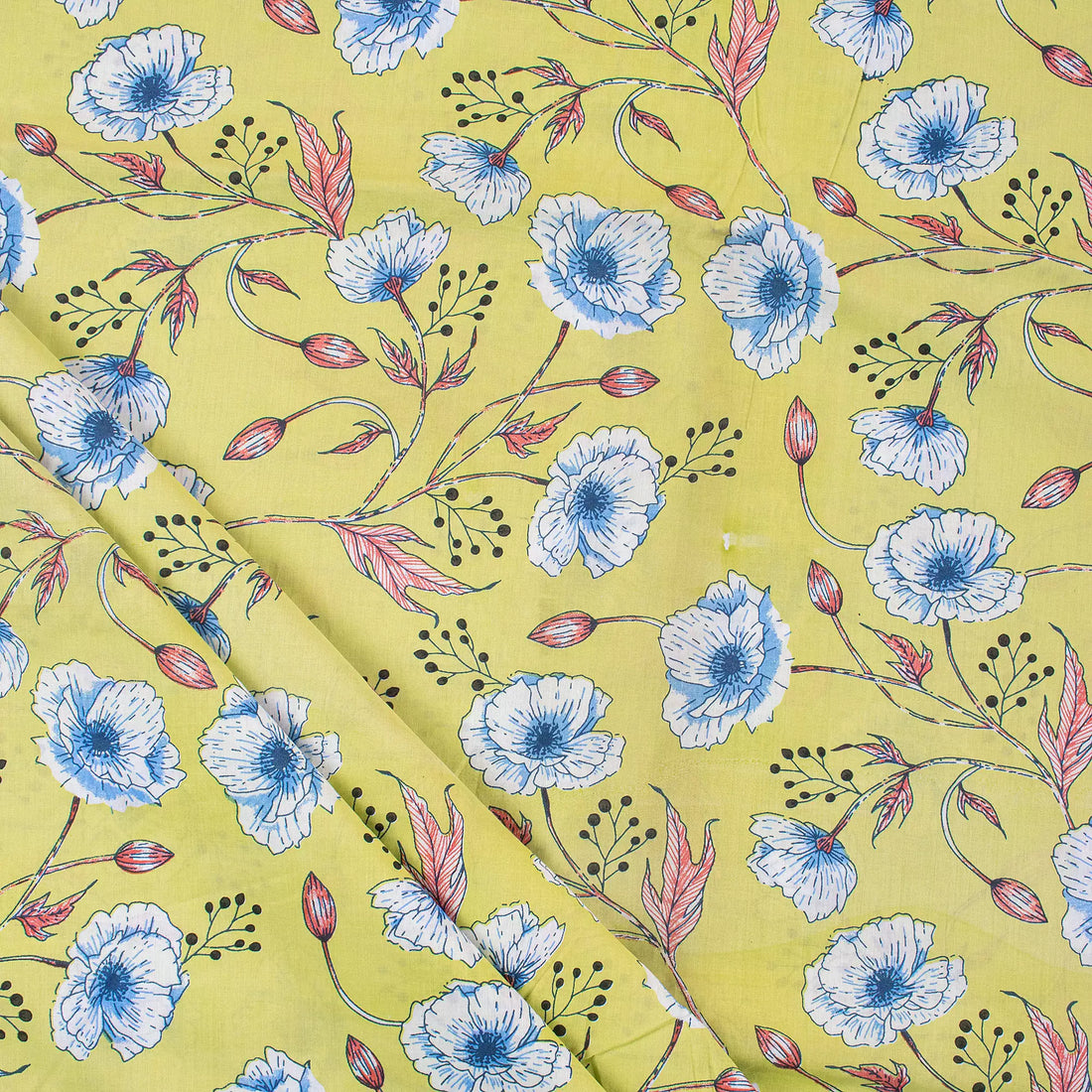 Yellow Floral Hand Block Printed Running Fabric