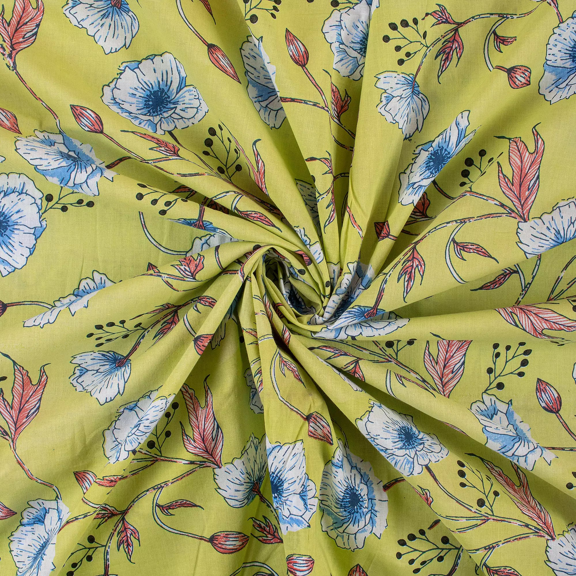 Yellow Floral Hand Block Printed Running Fabric