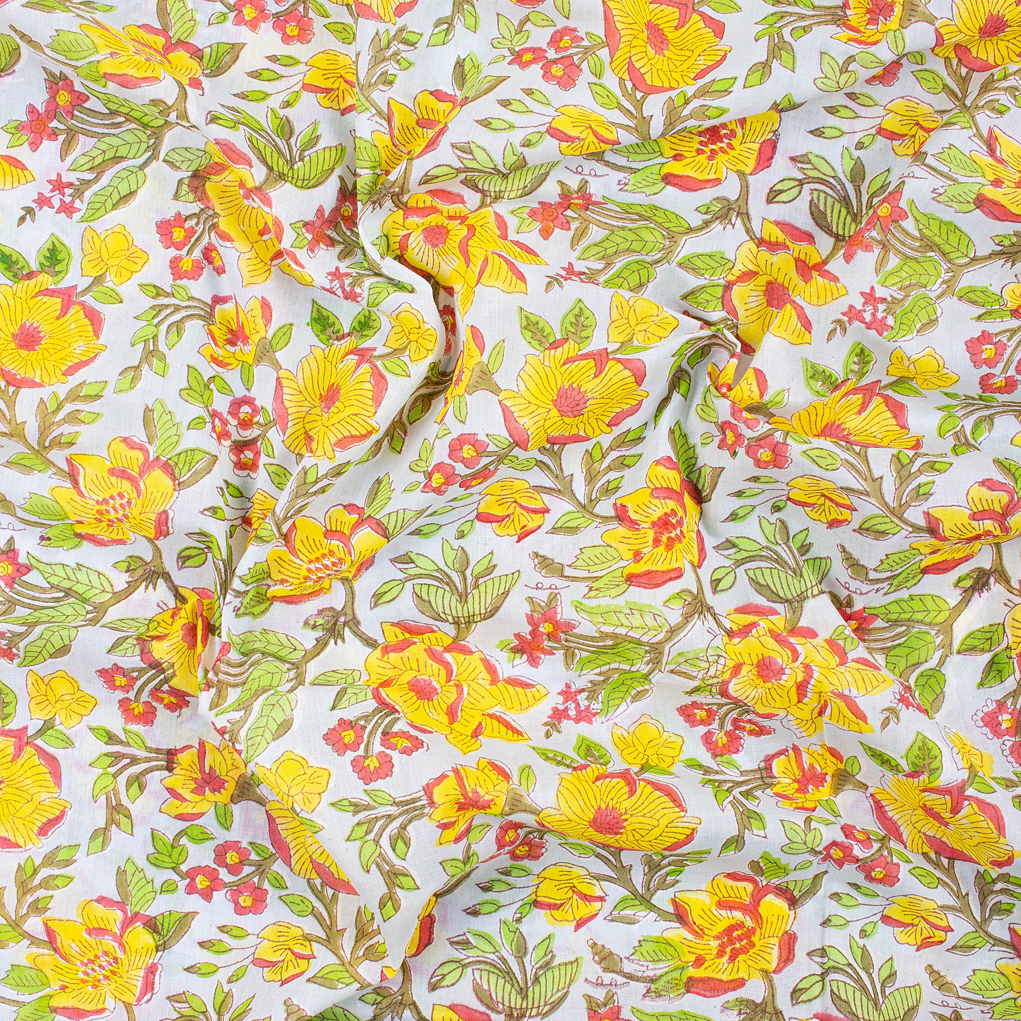 Yellow Floral Indian Hand Block Print Fabric