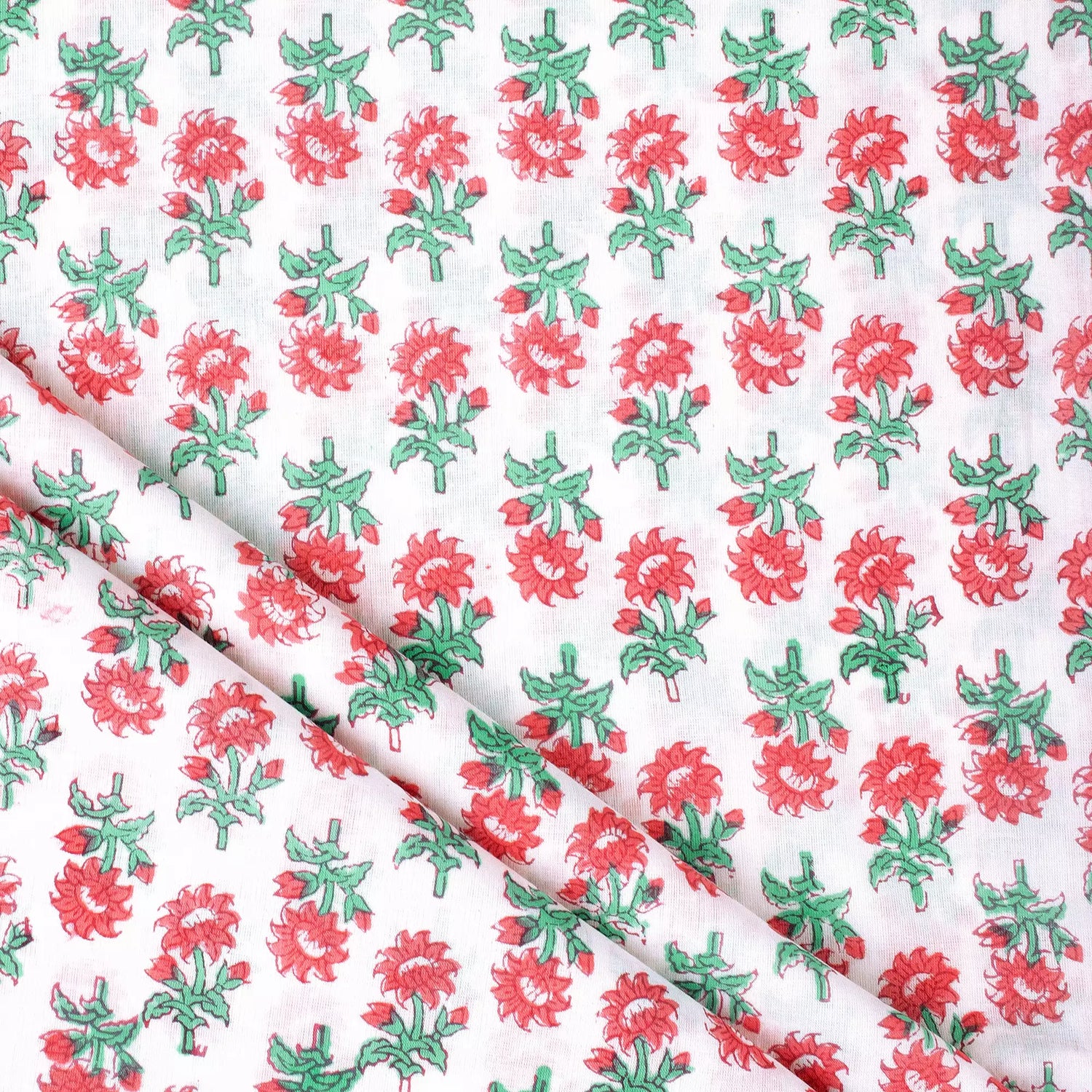Red Floral Hand Block Printed Cotton Fabric for Clothing