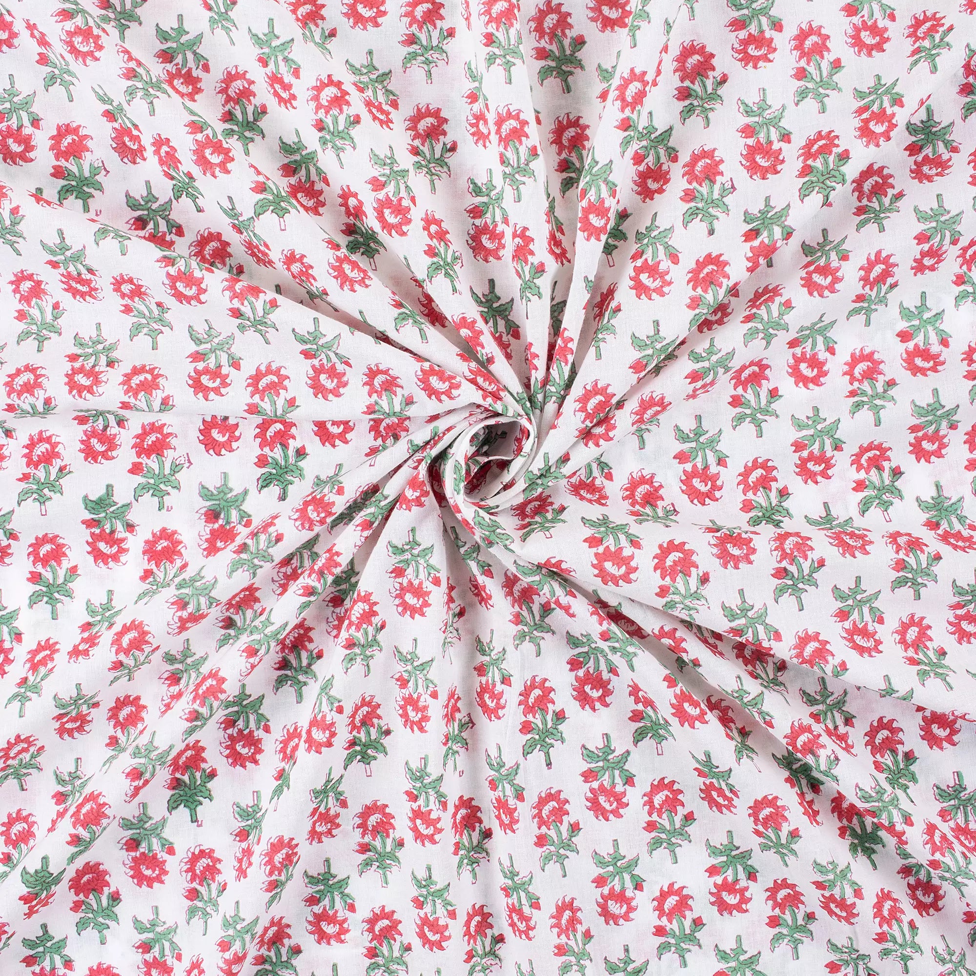 Red Floral Hand Block Printed Cotton Fabric for Clothing
