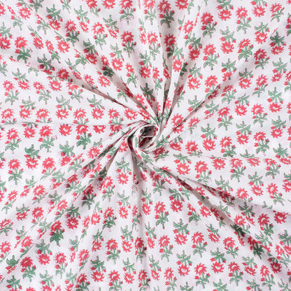 Red Floral Hand Block Printed Cotton Fabric for Clothing